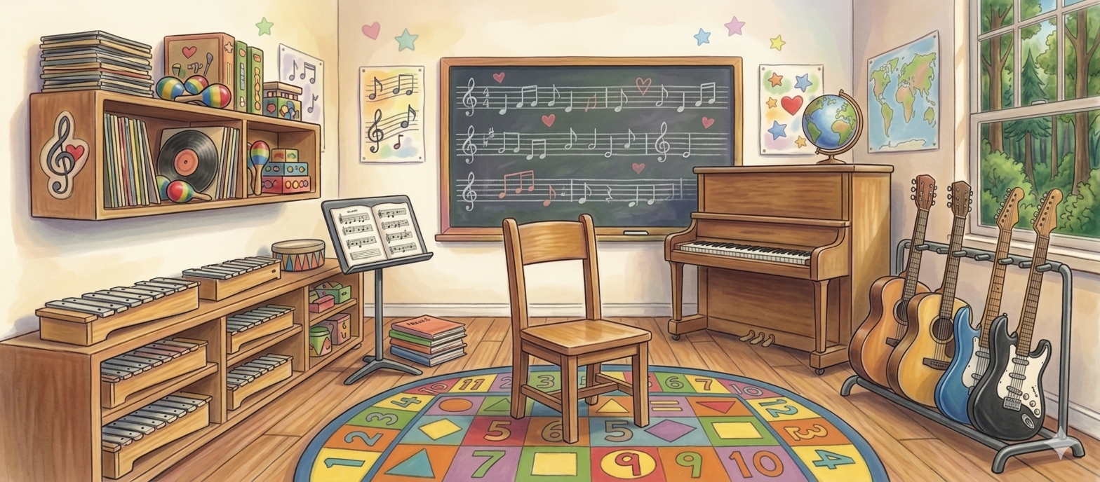 Music room with piano and instruments
