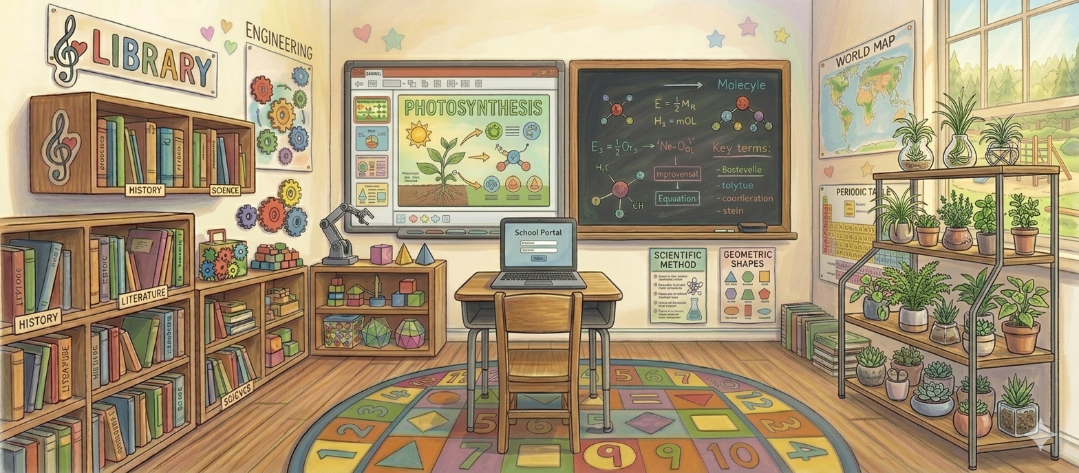 Classroom with chalkboard and books