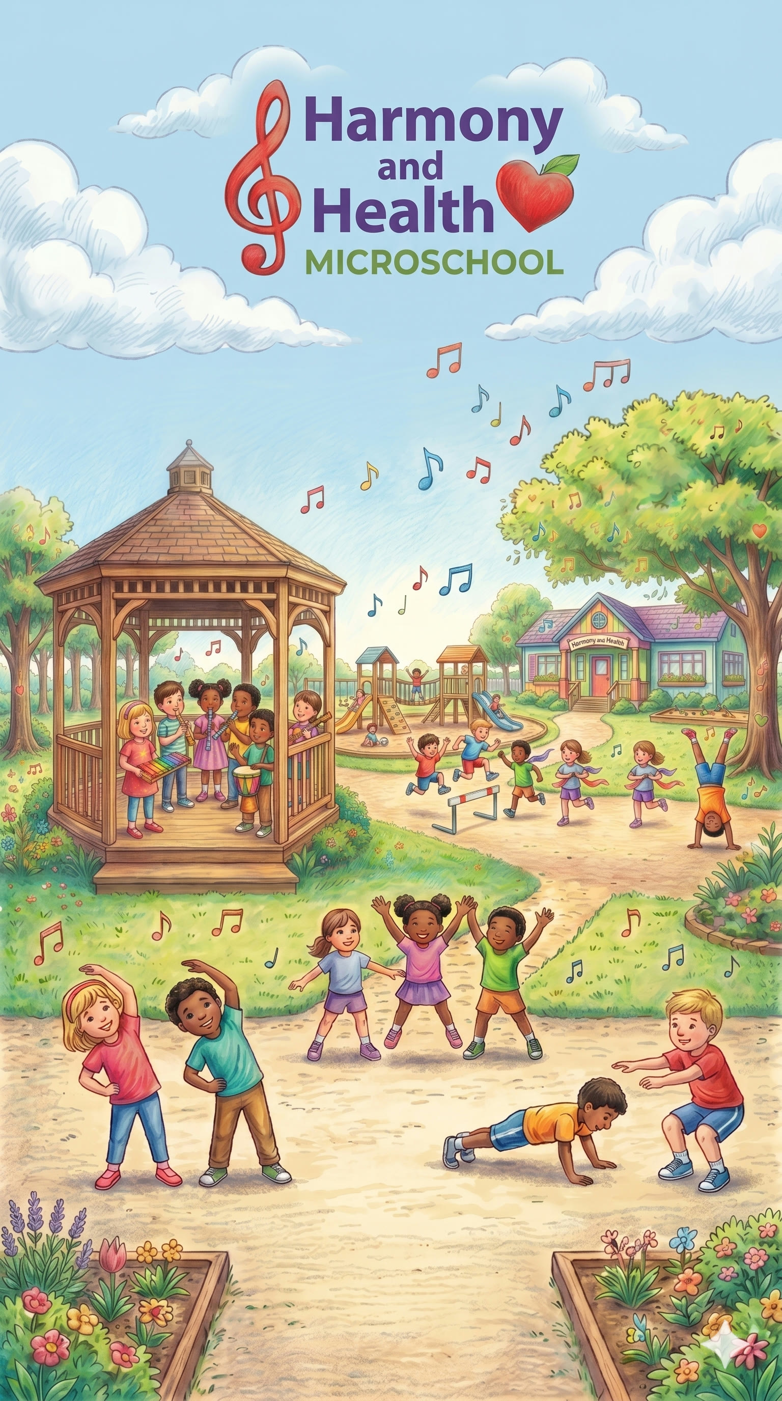 Harmony and Health Microschool, children learning, making music, and playing outdoors