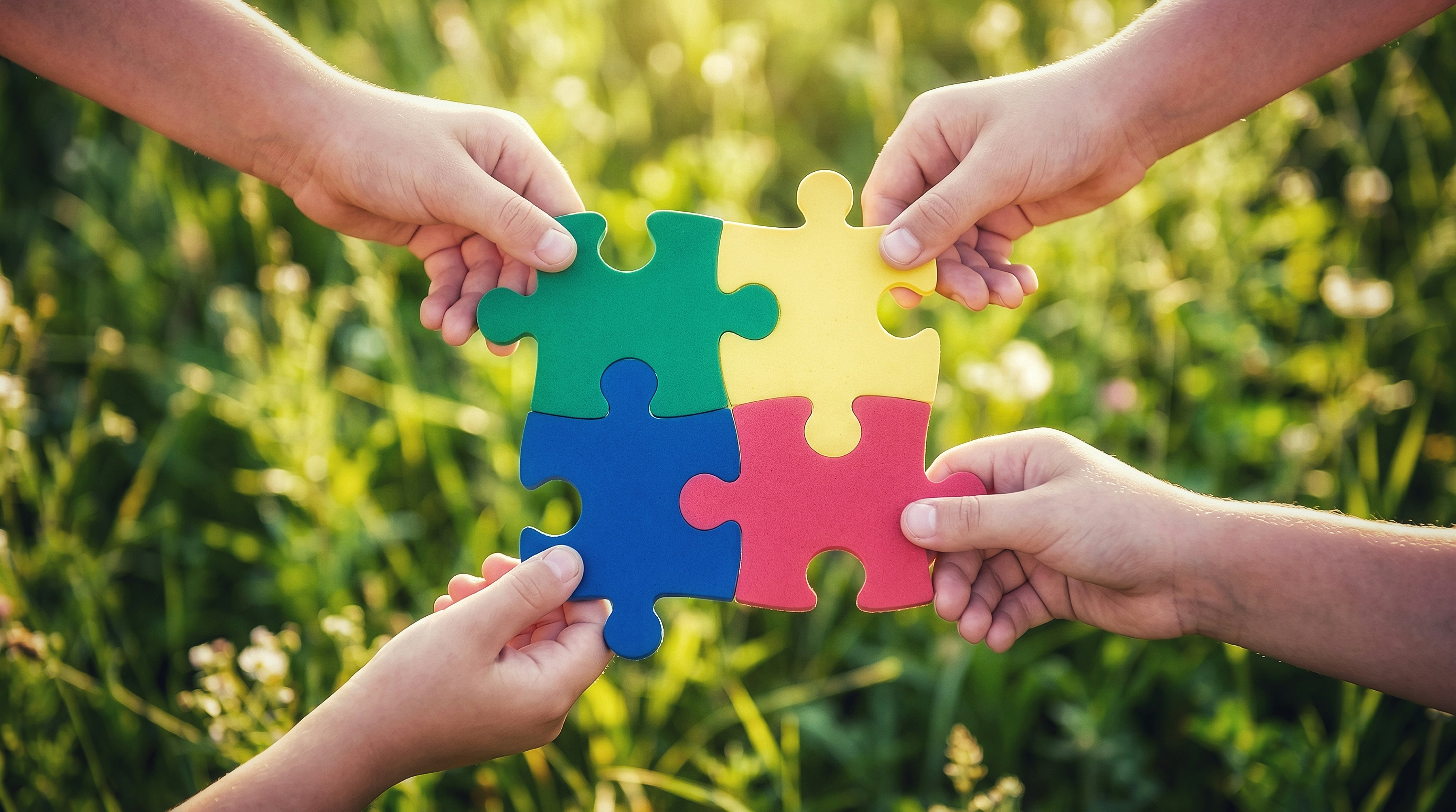 Children assembling a colorful puzzle together